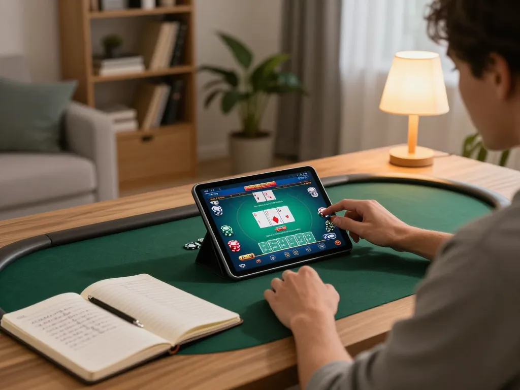 Engaging online poker gameplay on F168 com tablet while reviewing strategy notes in a cozy setting