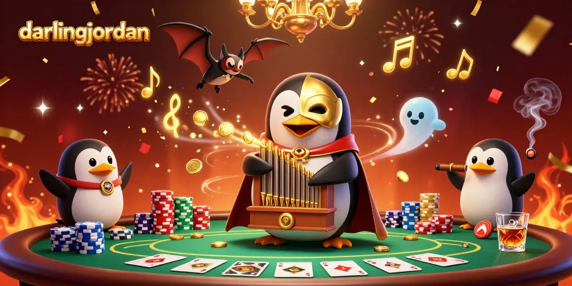 Engage with darlingjordan's vibrant casino scene featuring a penguin playing music while poker elements sparkle.