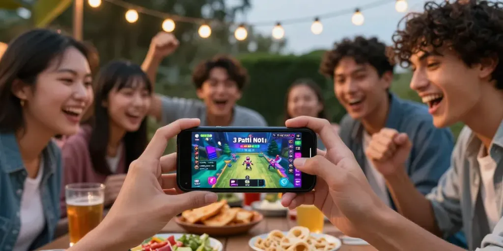 Friends enjoying 3 Patti No1 in an outdoor gaming session, with lively atmosphere and smartphone display.