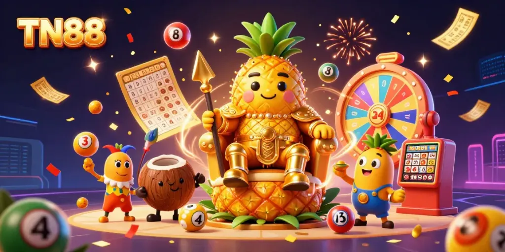 Experience the thrill of TN88 with a vibrant cartoon scene showcasing a golden pineapple king, gambling elements, and celebratory fireworks.