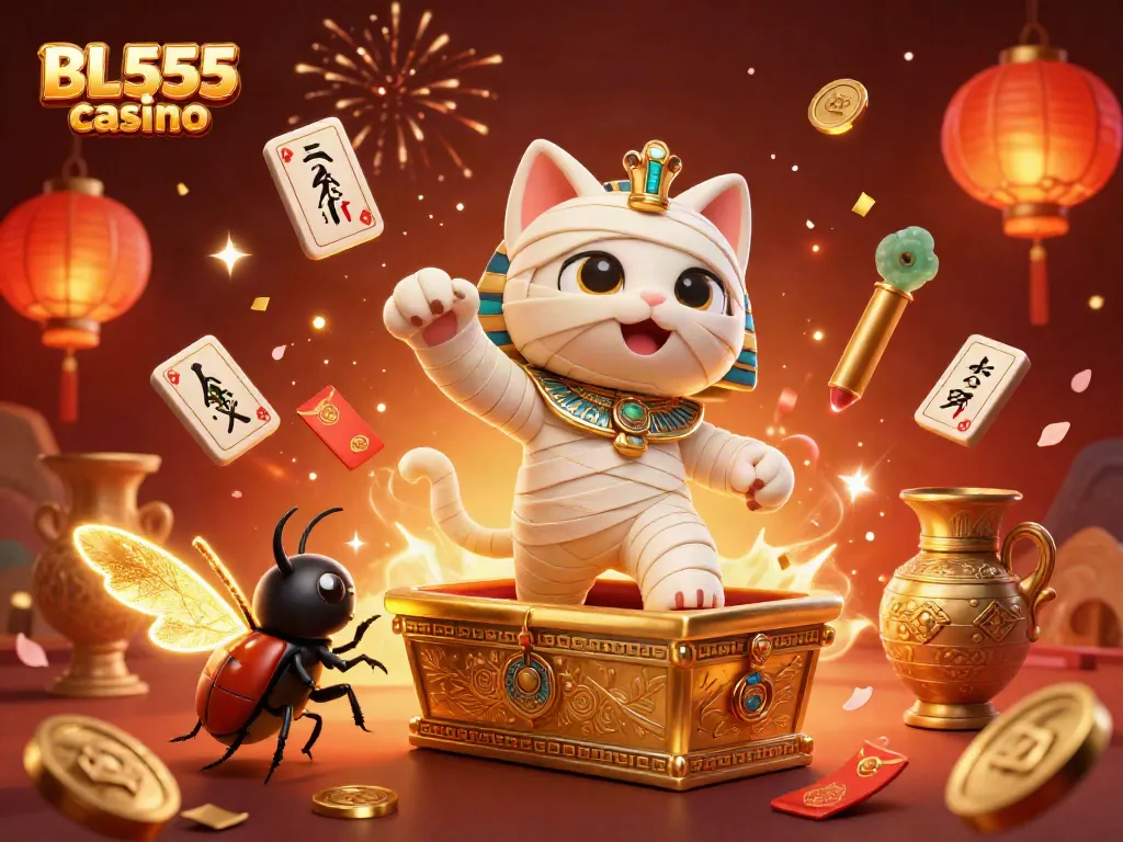 Experience the excitement of BL555 casino with a vibrant, packed 3D illustration of a cartoon mummy cat emerging from a sarcophagus.