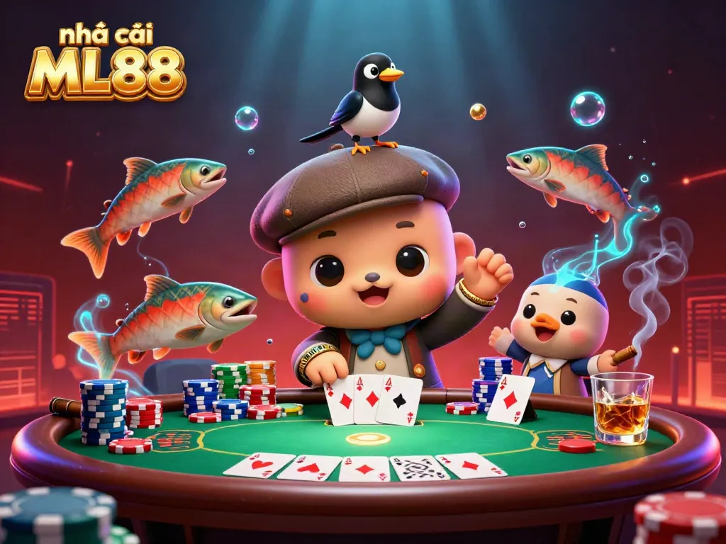 Experience the vibrant world of nhà cái ML88 with playful characters in a dynamic casino scene.