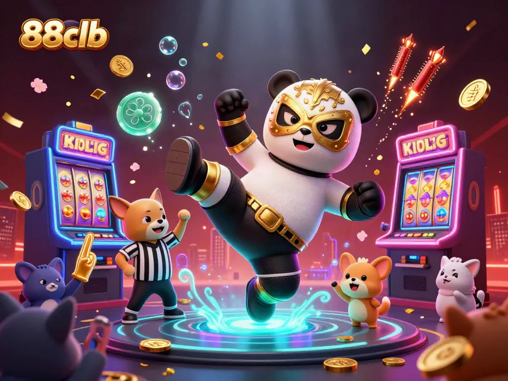 Experience the thrill of winning at 88clb with a dynamic scene of a kicking panda and cheering animal spectators amidst slot machines and golden coins.