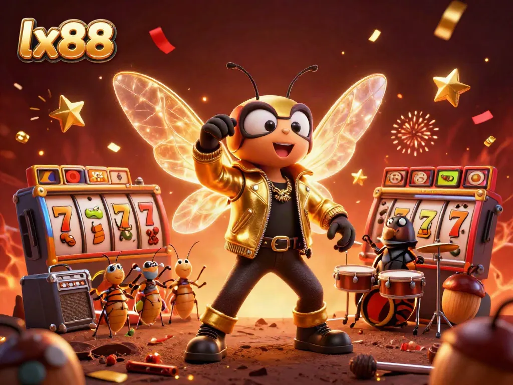 Engage in thrilling casino action with lx88 featuring a vibrant illustration of a rock star cicada and slot reels.
