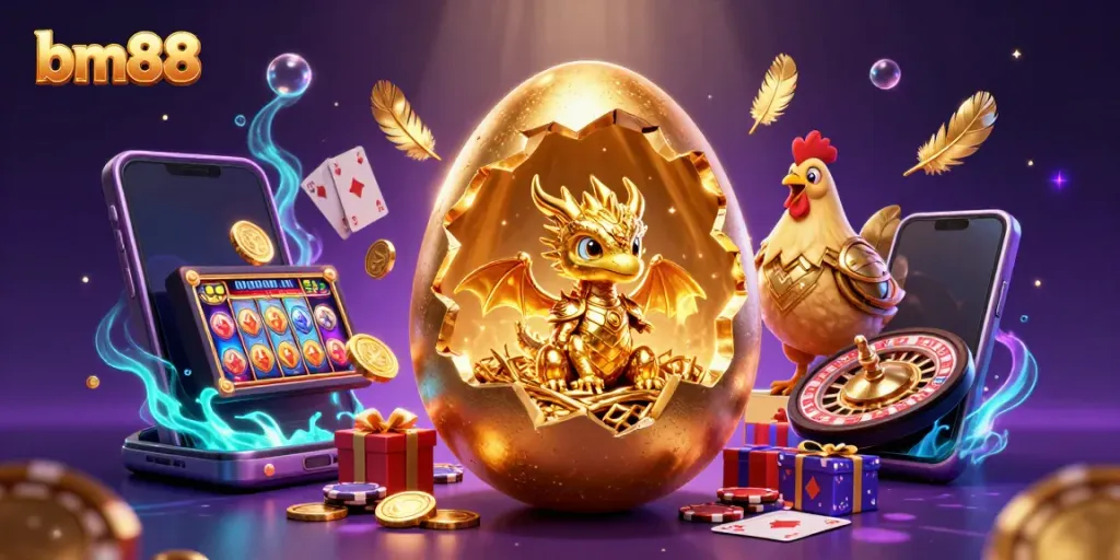 Experience the thrill of bm88 with a golden dragon emerging from a poker chip nest amidst vibrant casino elements.