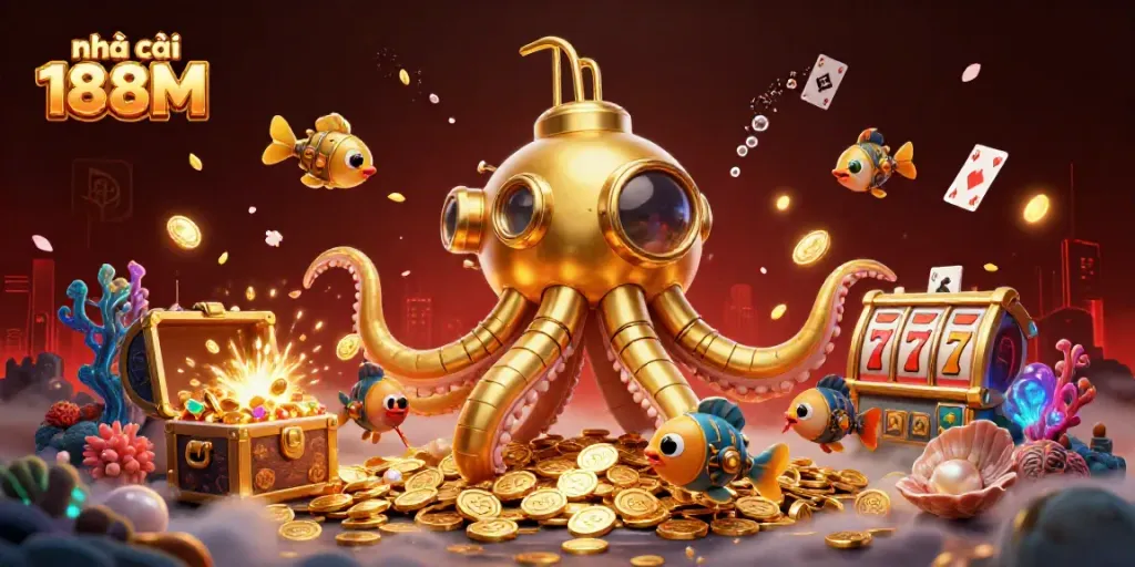Experience the thrill of nhà cái 188M with a vibrant 3D casino illustration of golden kraken and treasure.