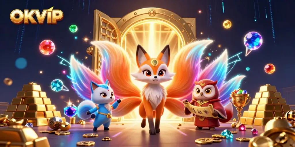 Experience the magical realm of OKVIP with vibrant spirits and treasures in a captivating 3D illustration.