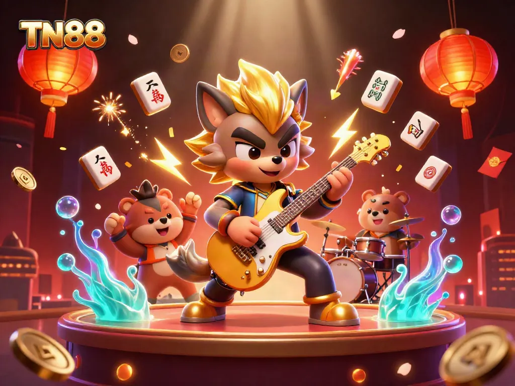 Enjoy thrilling gaming experiences with TN88's electrifying casino artwork featuring vibrant characters.