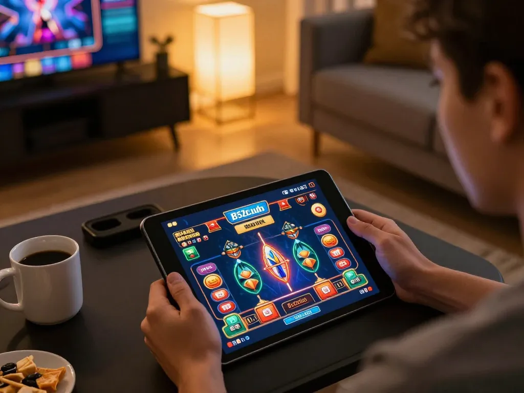 B52club user engaging with online gambling app, showcasing vibrant gaming interface and cozy atmosphere.