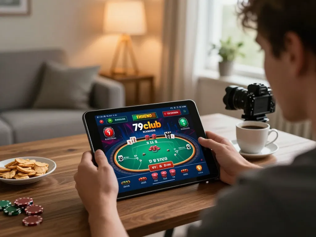 Experience online poker gameplay on 79club with vibrant app interface in a cozy home setting