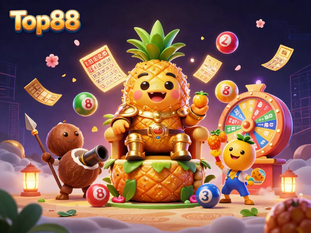 Engage in exciting gameplay with Top88, featuring dynamic lottery elements and vibrant casino characters.