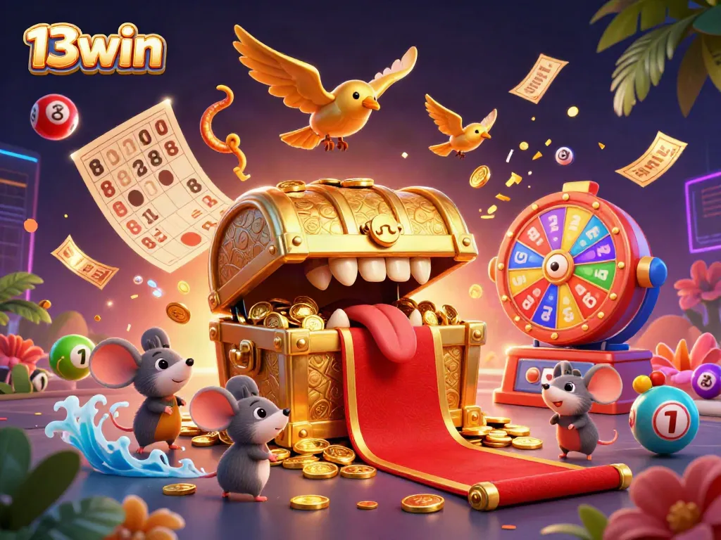 Experience the exciting world of 13win with playful treasure chests and vibrant casino elements.