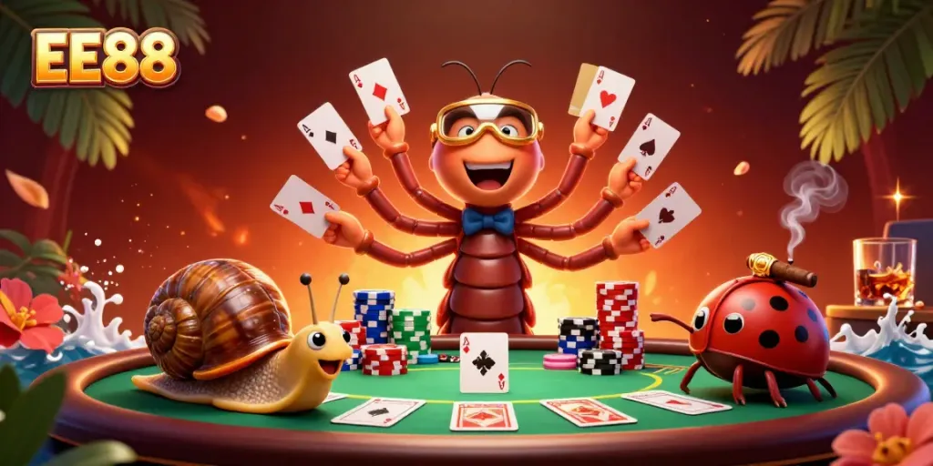 Engage with EE88's thrilling games featuring a vibrant casino scene with a millipede dealer, colorful chips, and gambling elements.