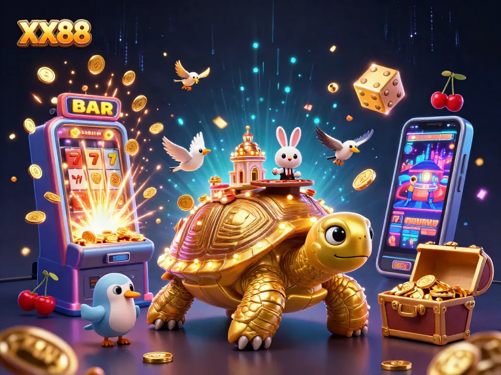 Experience the vibrant XX88 casino scene, featuring a golden tortoise and dynamic game elements.
