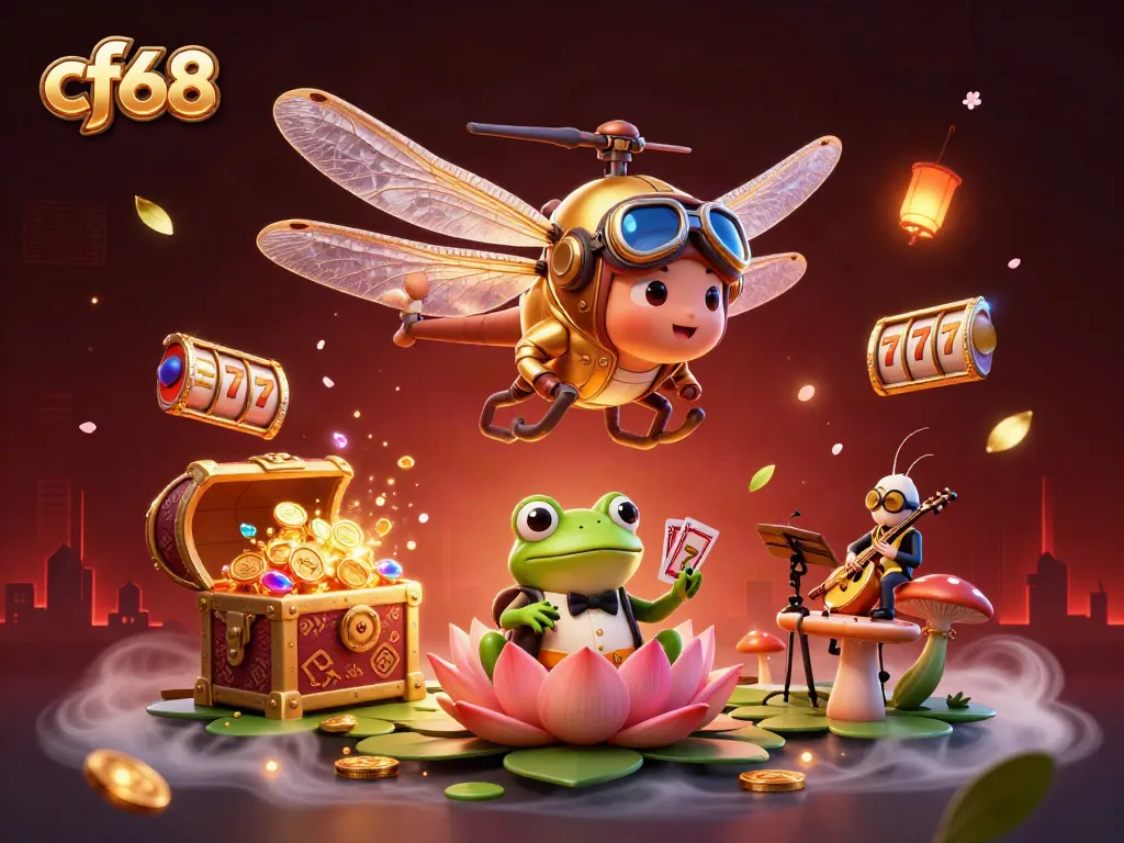 Engage with cf68's vibrant casino world featuring dragonfly pilot and frog croupier in action.