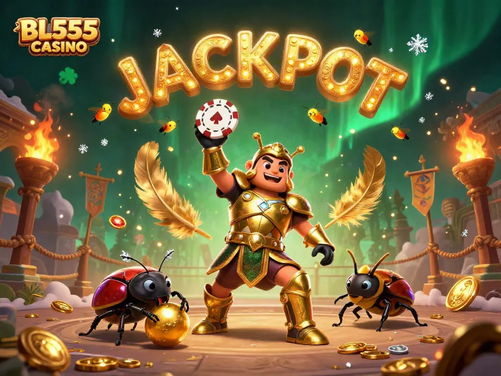 Engage with BL555 casino as a hercules beetle celebrates a jackpot in a vibrant, bustling 3D scene.