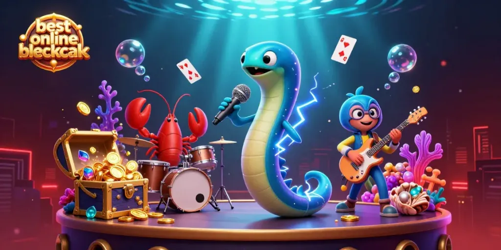 Experience the best online blackjack with lively characters in an underwater casino scene.
