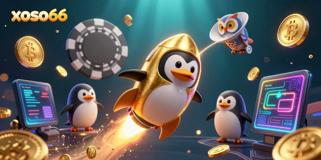 Engage in thrilling adventures with xoso66, featuring a golden penguin and vibrant casino scenes.