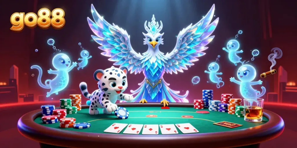 Engage with go88 as the ice phoenix and snow leopard play among poker elements in a stunning casino scene.