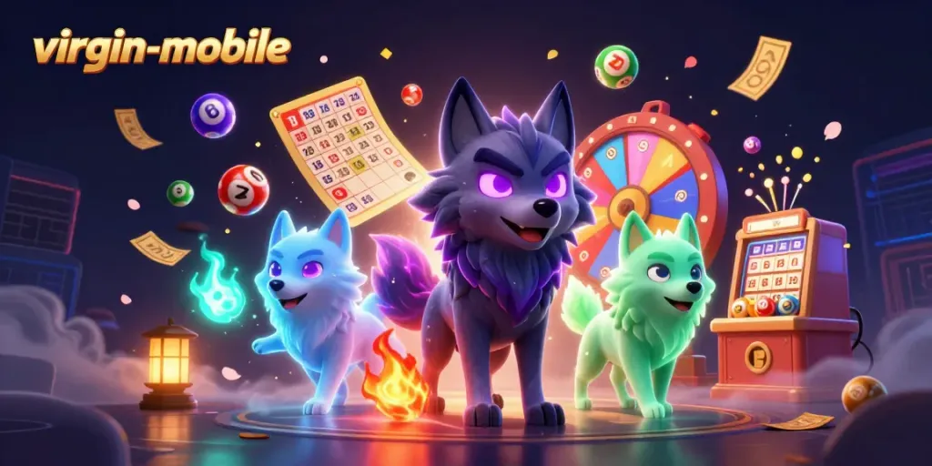 Engage in thrilling prizes with virgin-mobile, featuring ghostly wolves amidst colorful lottery elements.