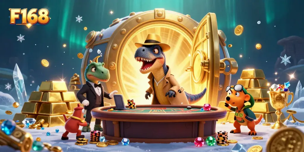 Experience the excitement of F168 with a velociraptor card counter at a vibrant blackjack table surrounded by treasure.