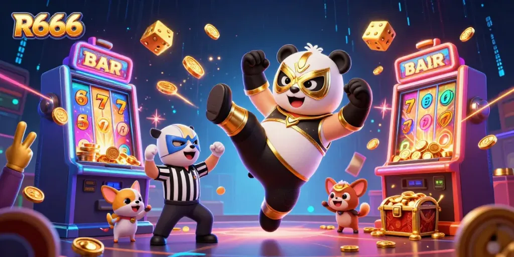 R666 themed casino scene featuring a panda wrestler and tiny animal spectators celebrating a jackpot