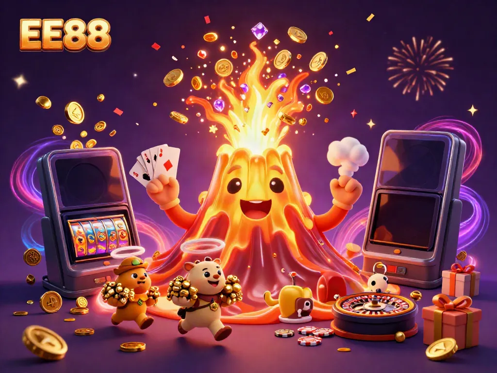 Experience the thrill of EE88 with golden treasures erupting from a sentient volcano in this vibrant casino illustration.