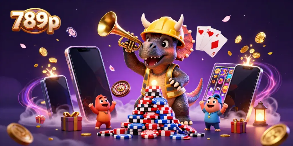 Join the fun at 789p while a triceratops builds a poker chip pyramid amid casino elements.