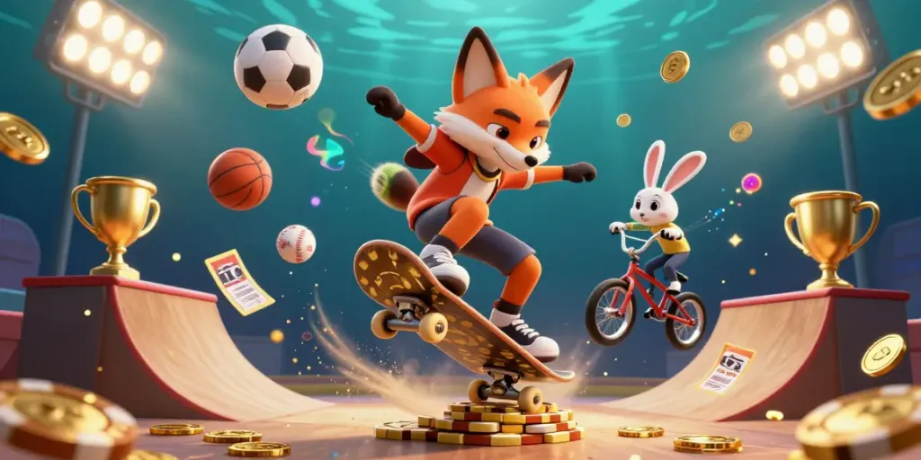 Experience thrilling casino action with ml88 as a cartoon fox skates over golden chips surrounded by dynamic sports elements.