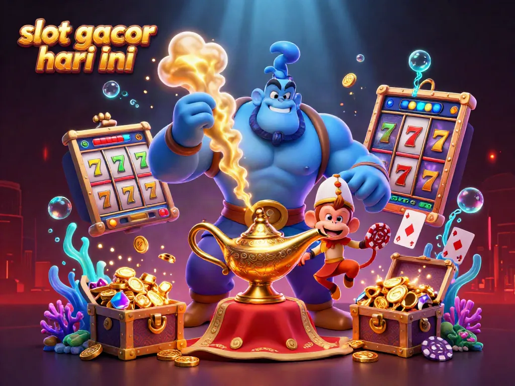 Illustration featuring a blue genie, monkey, and slot elements representing slot gacor hari ini
