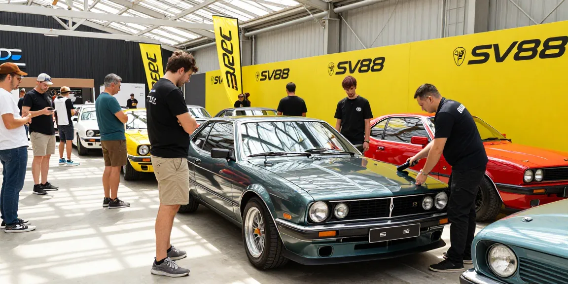 SV88 displayed in a dynamic automotive showroom during an event, showcasing its classic design.