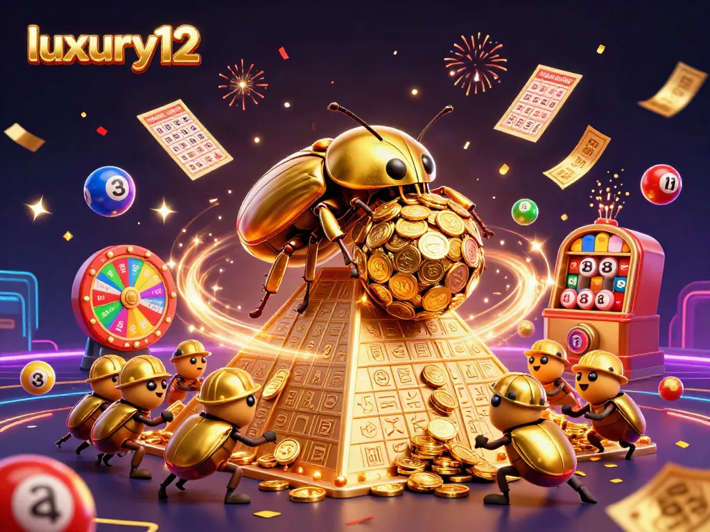 Win big with luxury12 as a golden beetle rolls coins and colorful lottery elements bounce in a dazzling casino scene.