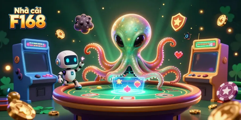 Engaging scene of Nhà cái F168 featuring an alien octopus at a holographic poker table, surrounded by dynamic game elements.