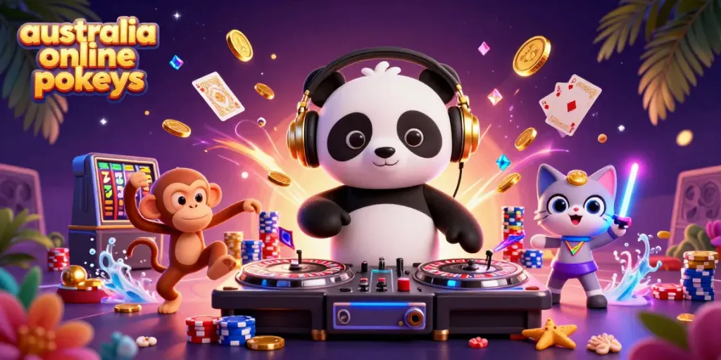 Experience the thrill of australia online pokies with a DJ panda, breakdancing monkey, and rave kitten in a vibrant casino scene.
