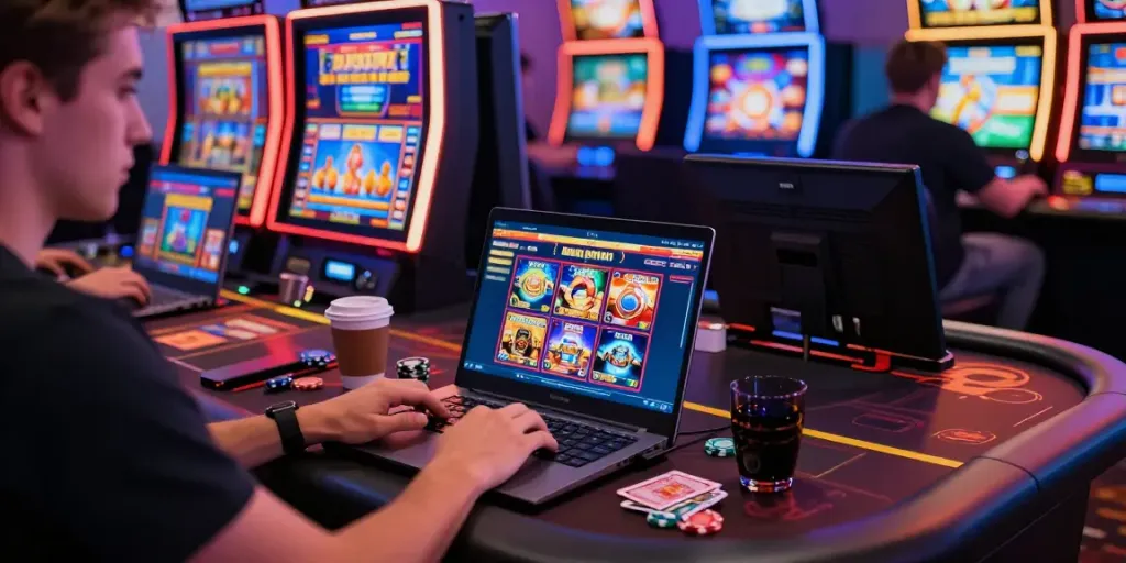 Player exploring Mastercard casinos on laptop in a lively casino environment