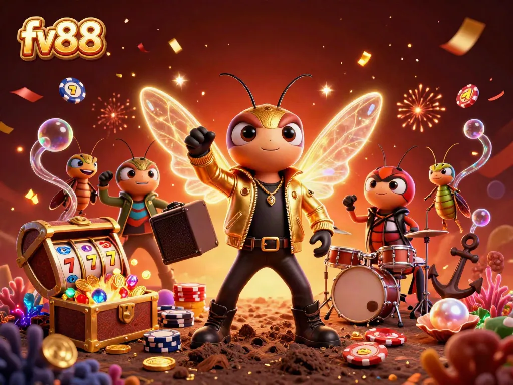 Players enjoy the vibrant world of fv88 with dazzling slot reels and animated characters.