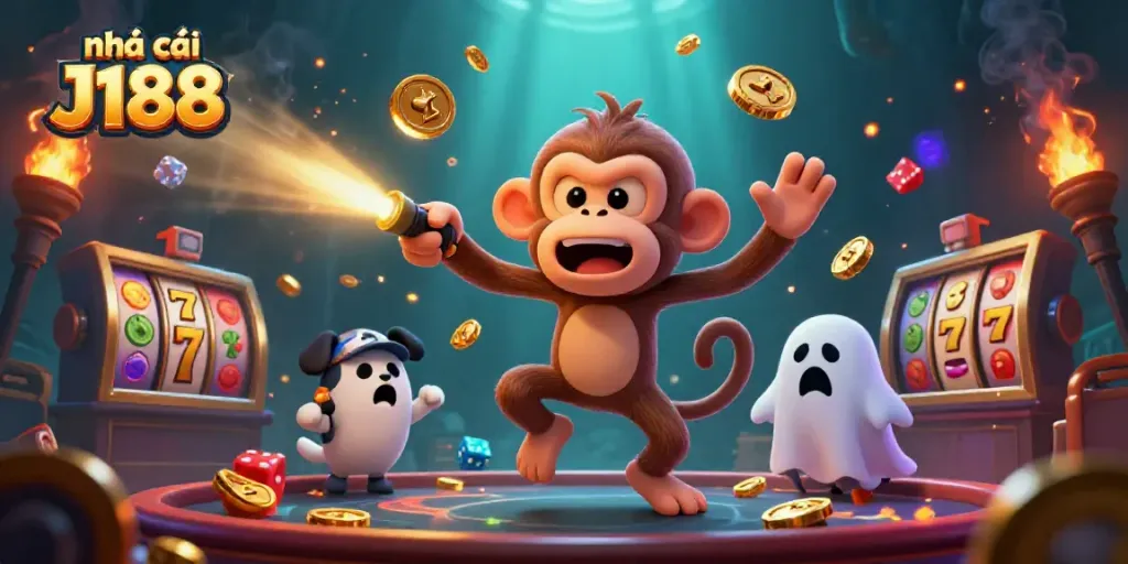 Experience the excitement at nhà cái J188 with a mischievous monkey and ghost-hunter puppy in this dynamic casino scene.