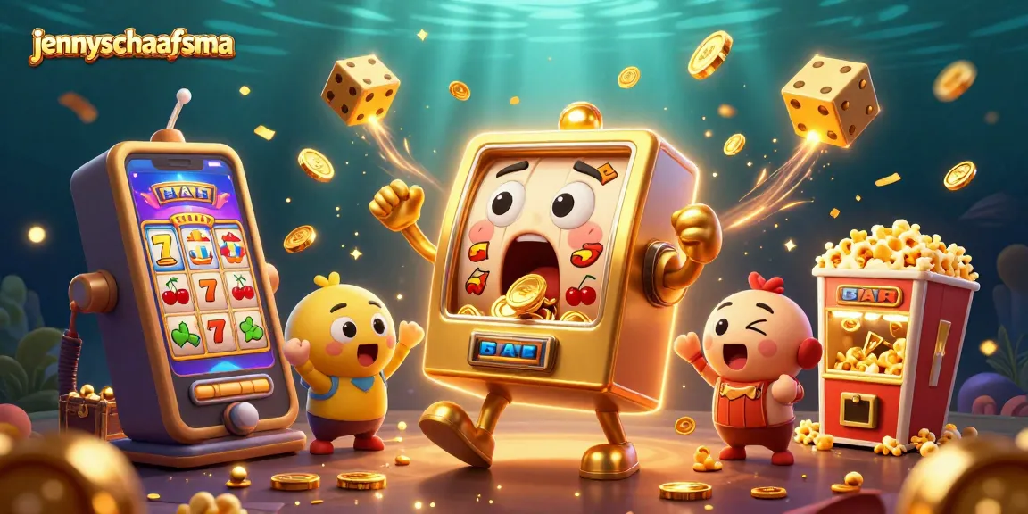 Engage with jennyschaafsma's animated slot machine as it hits a jackpot while celebrating with smaller machines and winnings.