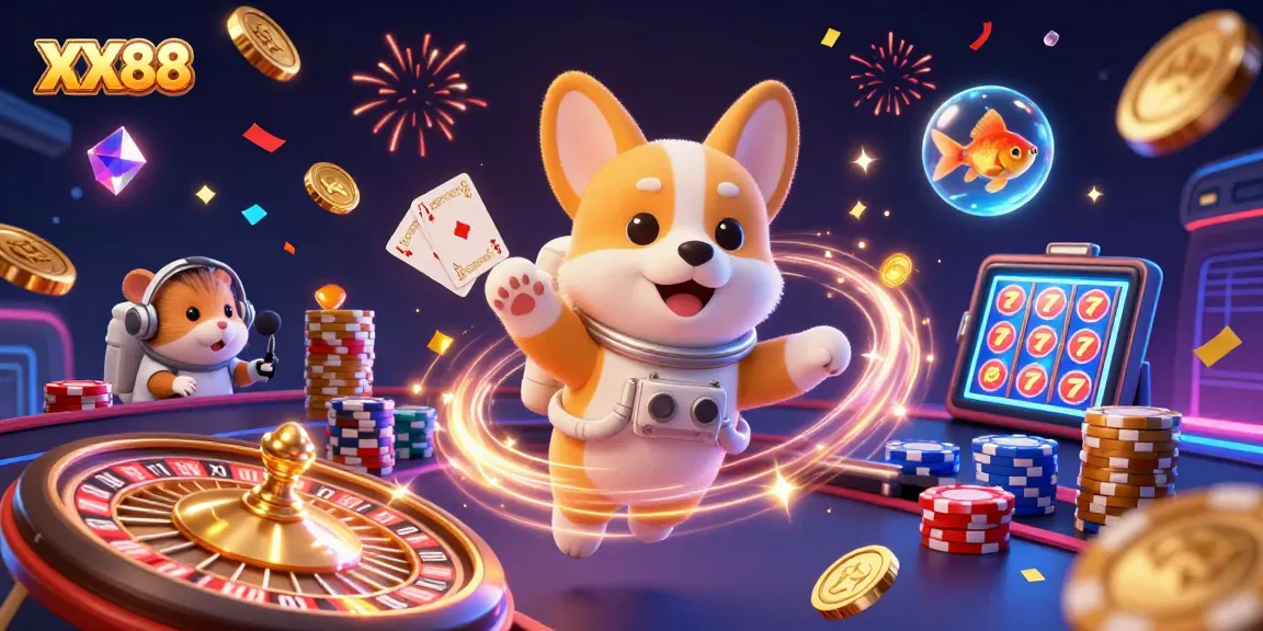 Winning at XX88 with a vibrant space casino featuring a floating corgi and goldfish.