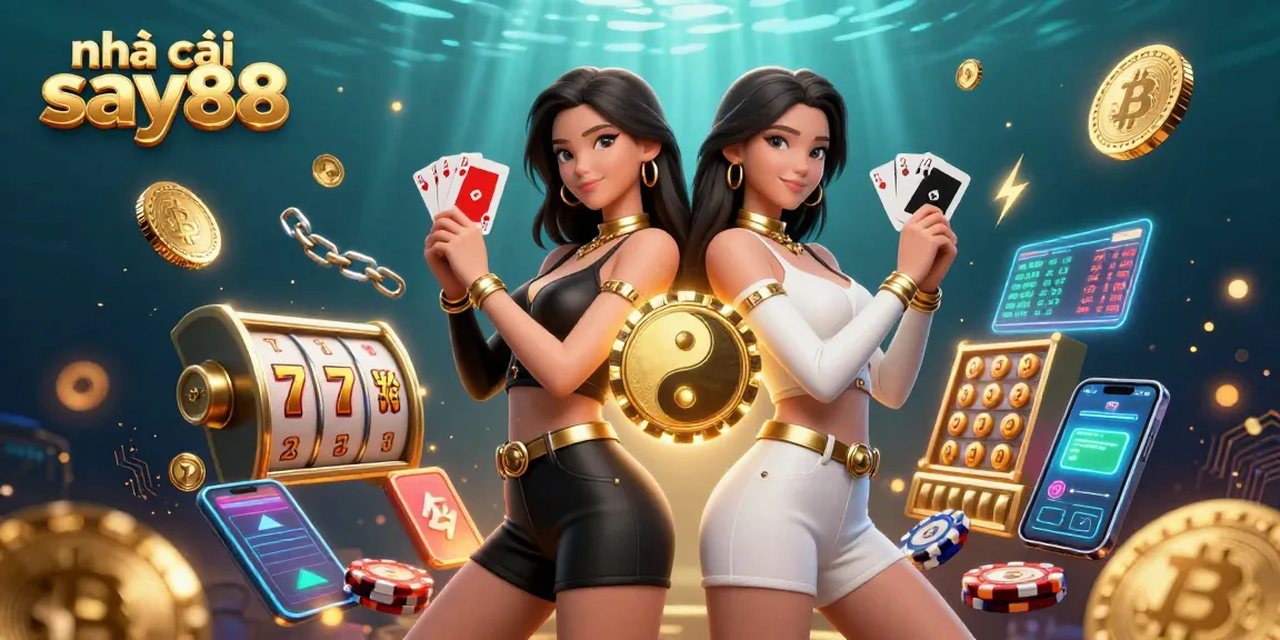 Engage with nhà cái say88 featuring stunning twin Asian women poised with playing cards amidst vibrant casino elements.