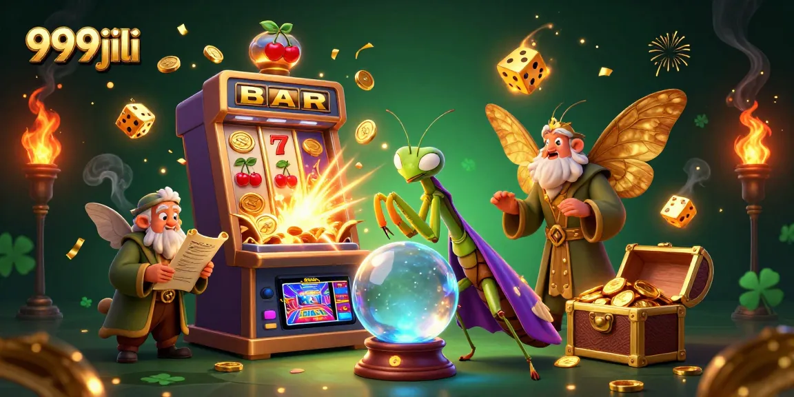 Engaging illustration of 999jili with fortune teller and moth librarian, showcasing vibrant casino elements and games.