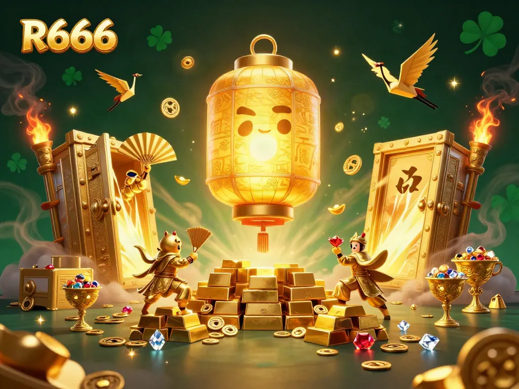 Experience the excitement of gambling at R666, with a glowing golden lantern spirit amidst treasure and casino glamour.