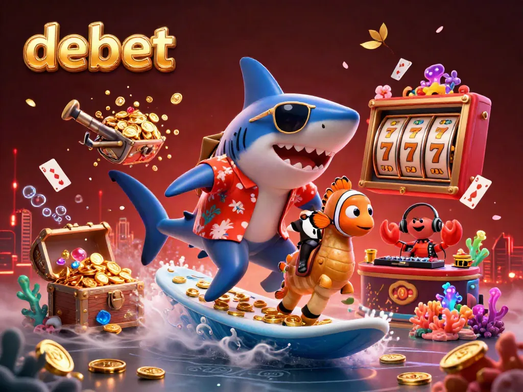 Experience the thrilling debet adventure with a shark, clownfish, and crab DJ in a fun casino-inspired ocean.