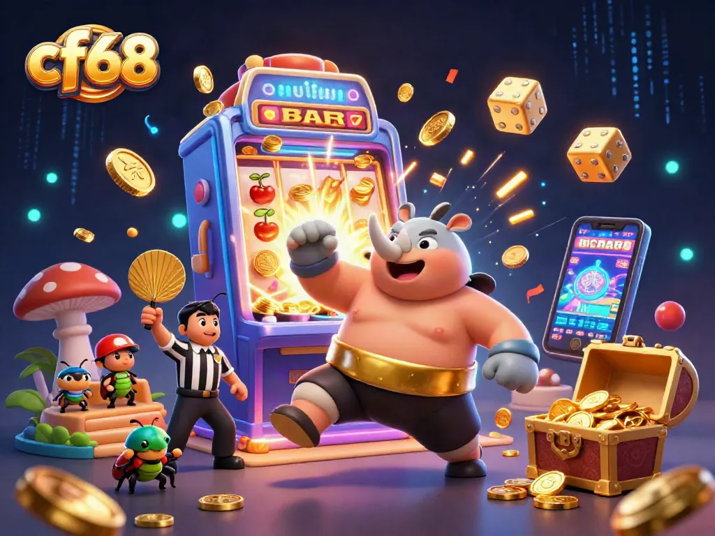 cf68 showcases a vibrant casino scene with a sumo beetle champion and a jackpot explosion, highlighting gaming excitement.