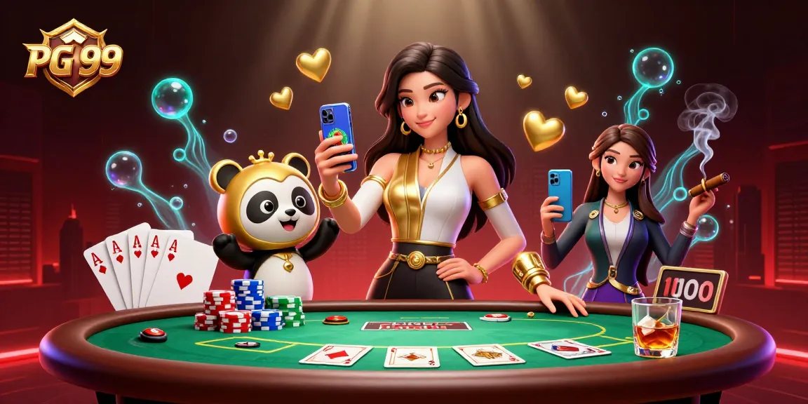 PG 99 showcases an Asian woman enjoying a casino game with a playful panda while surrounded by poker elements.