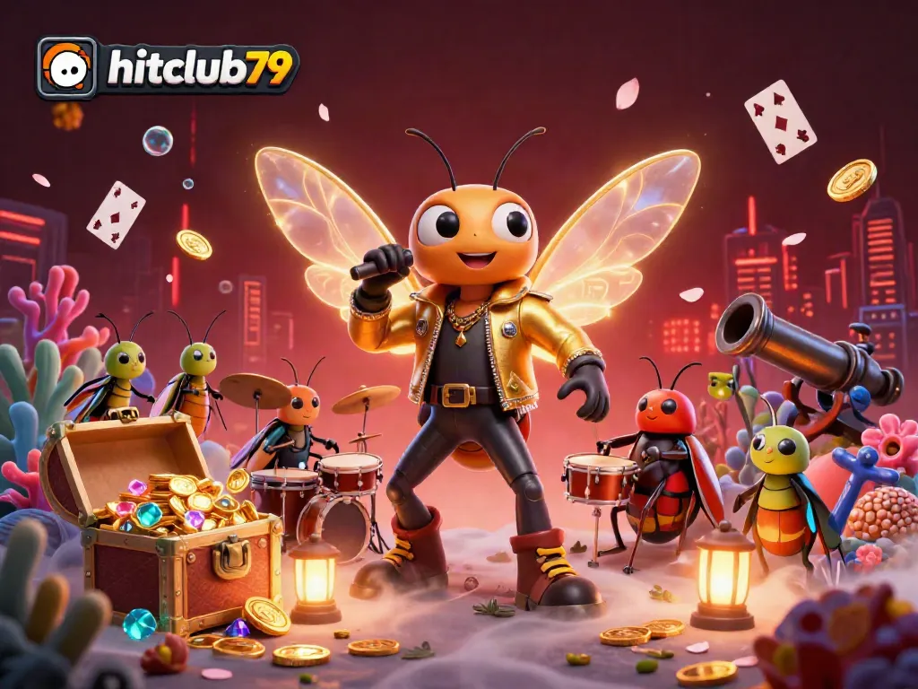 The hitclub79 promotion features a cicada rock star and exciting underwater treasures, showcasing a vibrant casino theme.