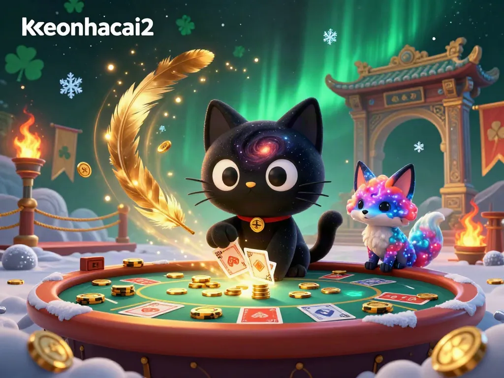 Experience the cosmic charm of keonhacai2 with a black hole cat at a vibrant casino table, drawing in gold chips.