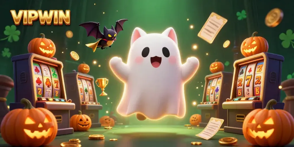 Experience thrill with VIPWIN's ghostly cat and bat in a vibrant haunted casino scene.