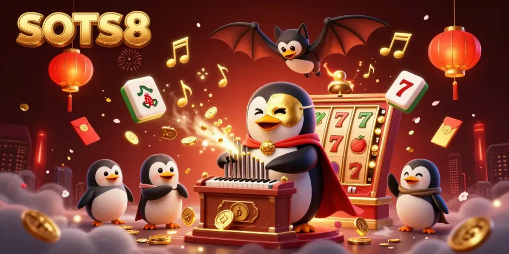 SLOTS8 character scene with a penguin playing an organ amidst dynamic slot machine elements and festive decorations