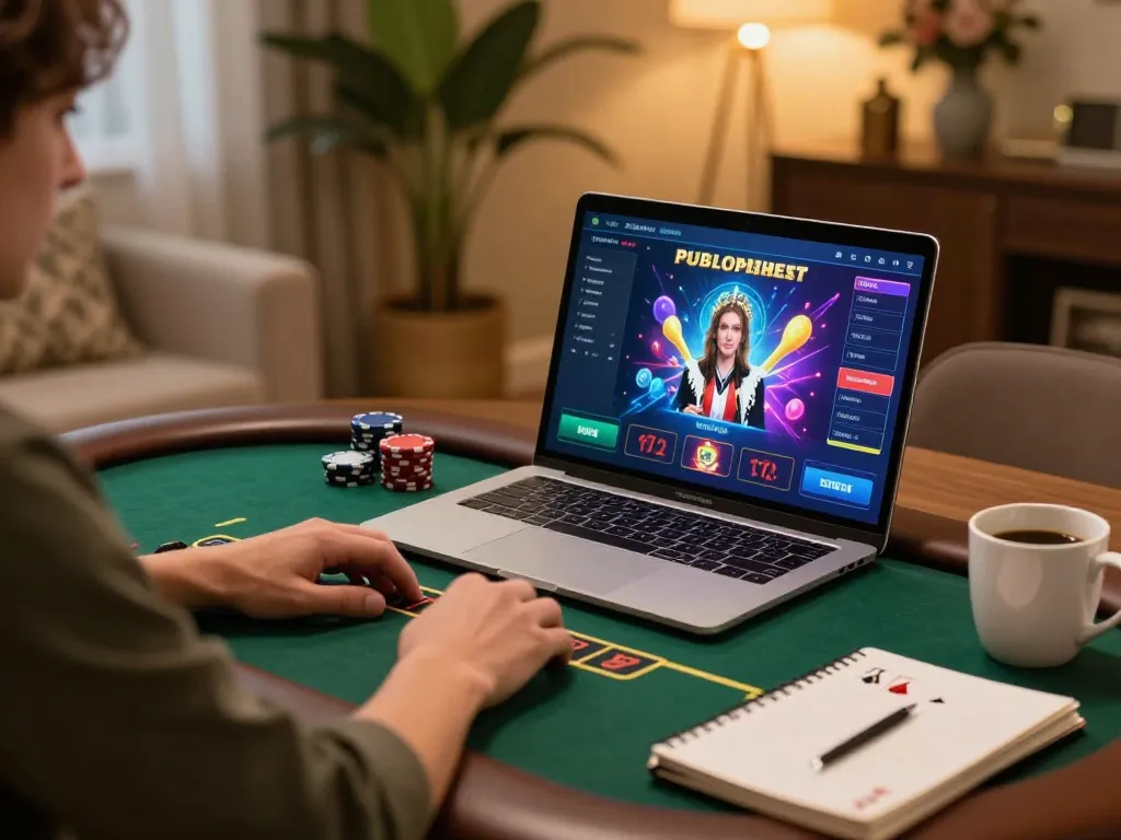 Engaging moment of a player on trang chủ alo8 using a laptop for online poker in a cozy setting